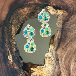 Elegant Crystal Drop Earrings with Blue and Green Gemstones in Gold Setting
